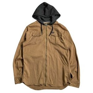 Tony Hawk Medium Brown Canvas Hood Jacket Front Zip Button Long Sleeve Workwear